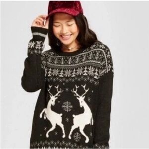 Christmas Mossimo Reindeer Snowflake Holiday Oversized Sweater Size M Black